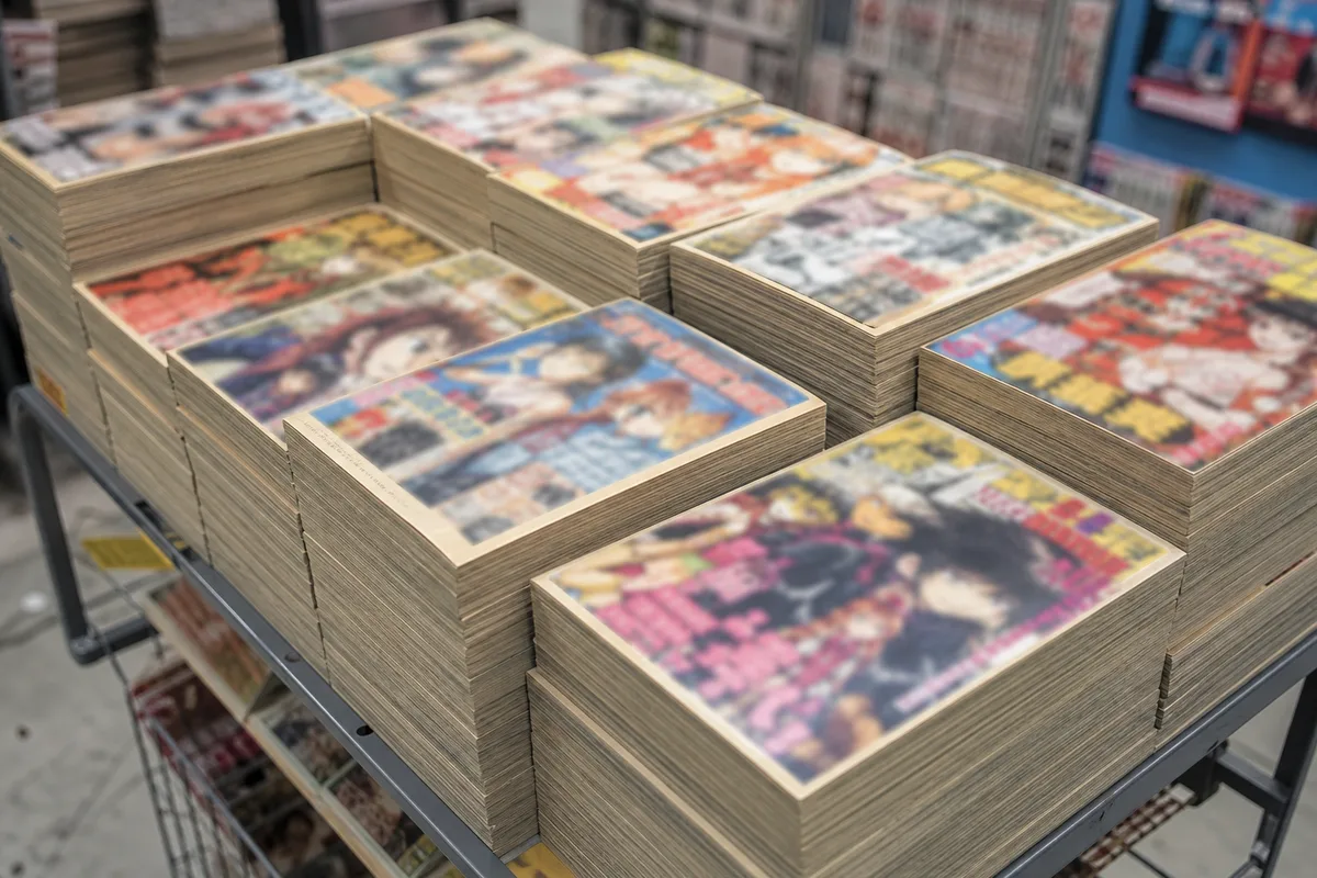 Rayonnage de magazines de prépublication japonais empilés dans une librairie