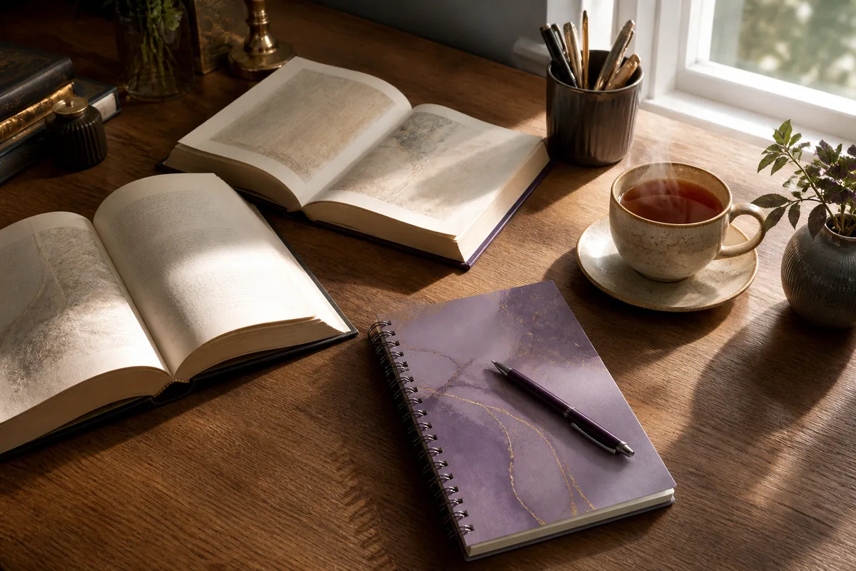 Table de travail d’un lecteur avec volumes reliés ouverts et carnet de notes