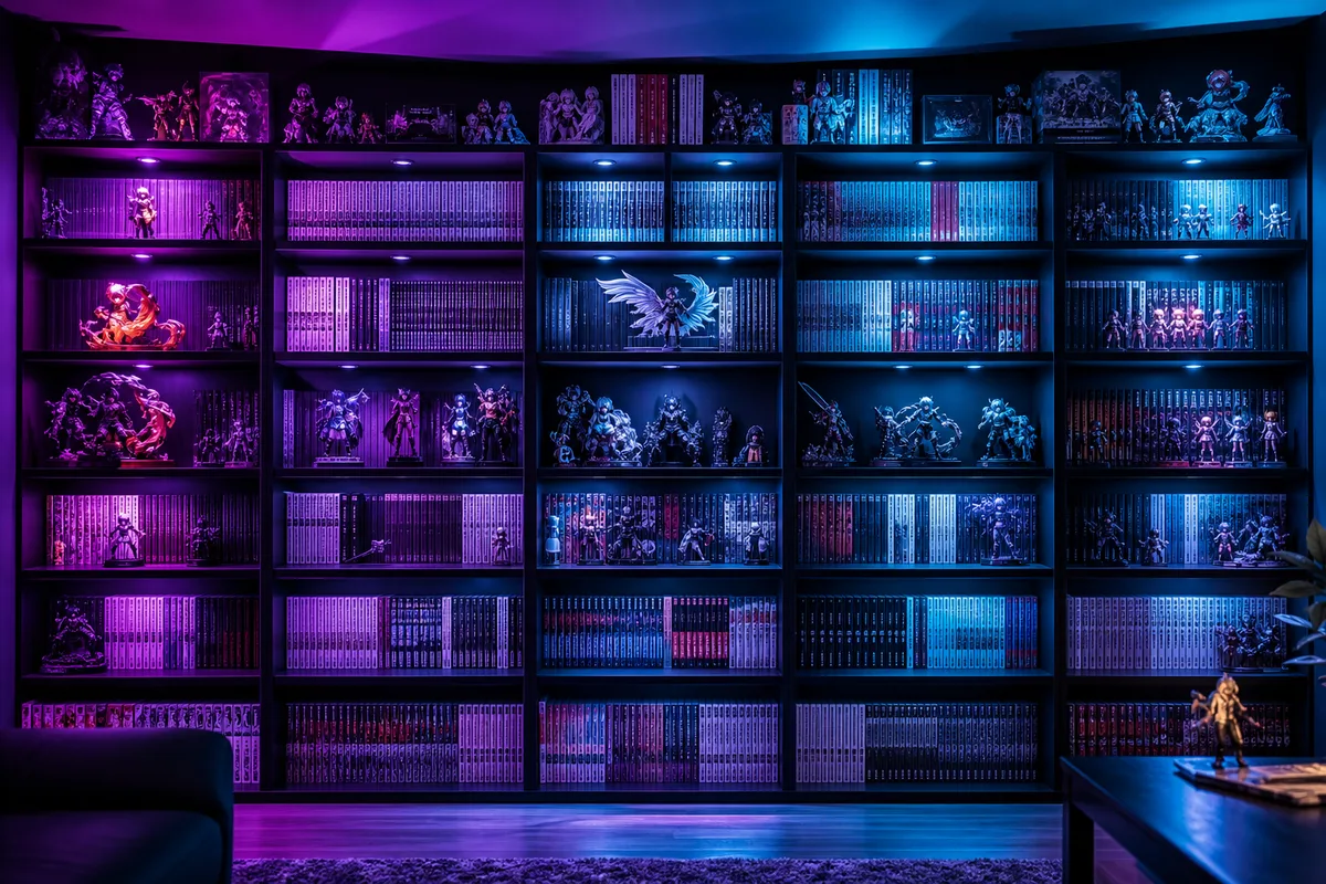 Mur d'étagères rempli de tomes de manga et de figurines