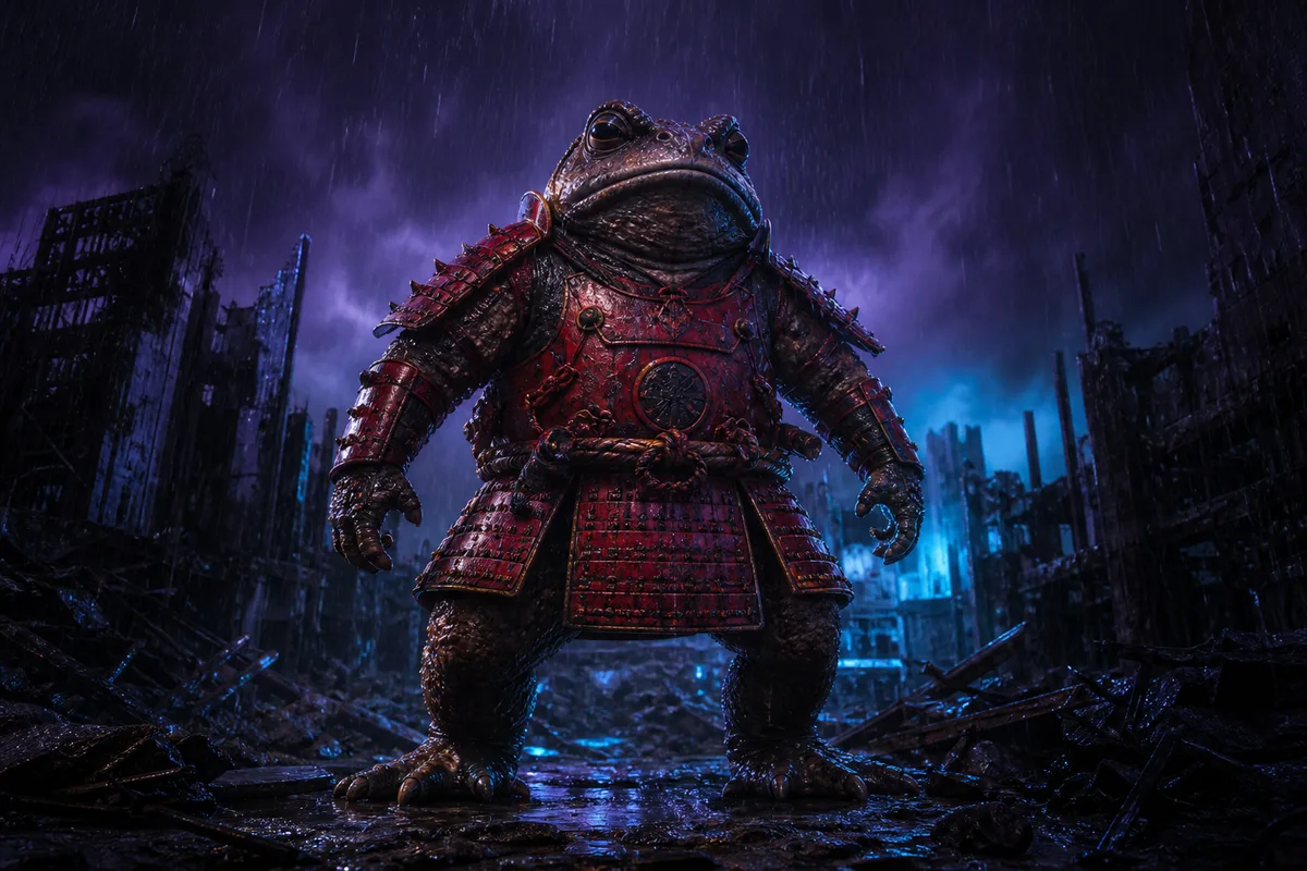 Un crapaud géant à l&rsquo;armure rouge dressé au milieu de bâtiments détruits, sous une pluie battante nocturne