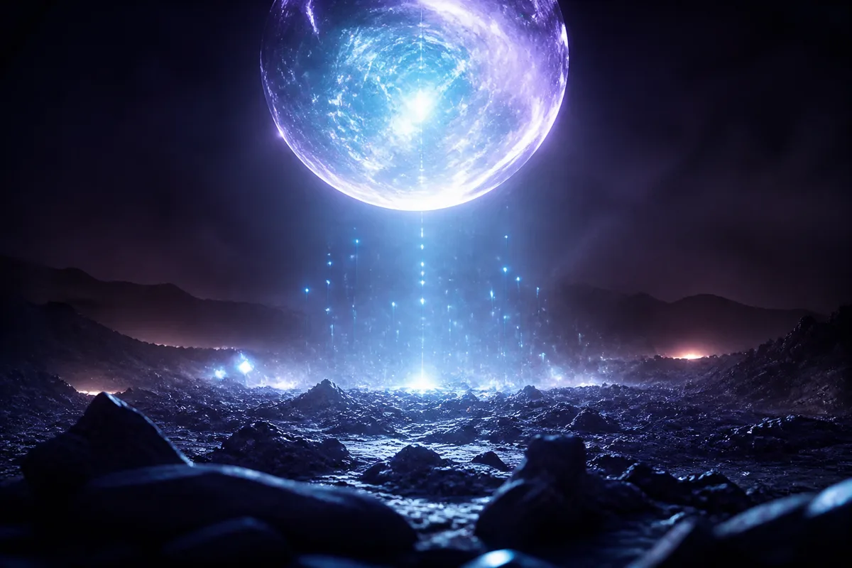 Une sphère lumineuse immense en suspension au-dessus d’un paysage rocheux ravagé, des points de lumière montant du sol vers elle