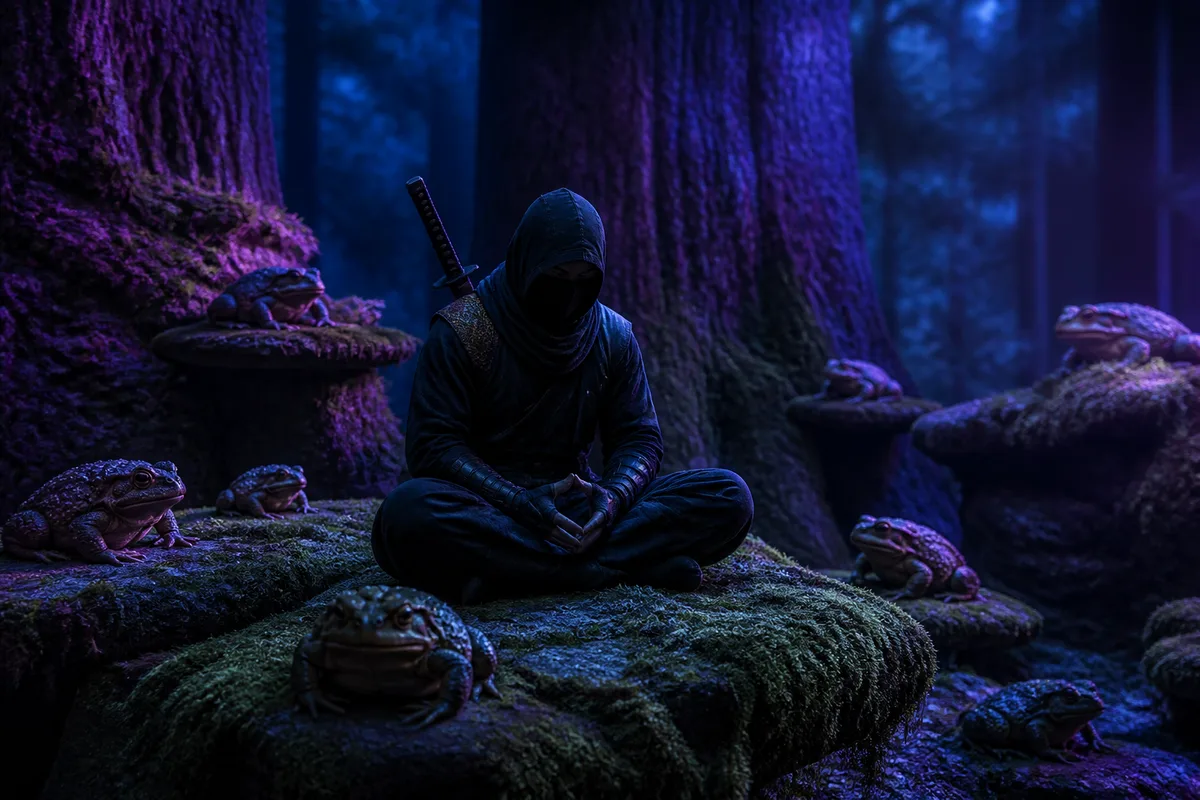 Un jeune ninja assis en méditation sur un rocher moussu, entouré de crapauds de tailles diverses dans une forêt aux arbres démesurés