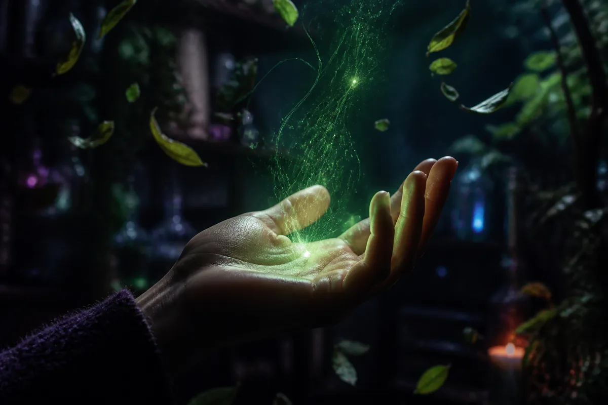 Une main ouverte tendue vers le ciel captant des filaments de lumière verte, feuilles en suspension autour dans une lumière de sous-bois