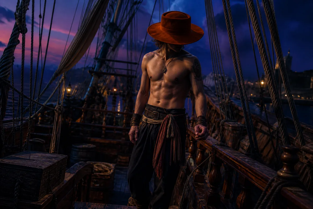 Un jeune pirate torse nu portant un chapeau orange, debout sur le pont d&rsquo;un navire de bois massif au crépuscule