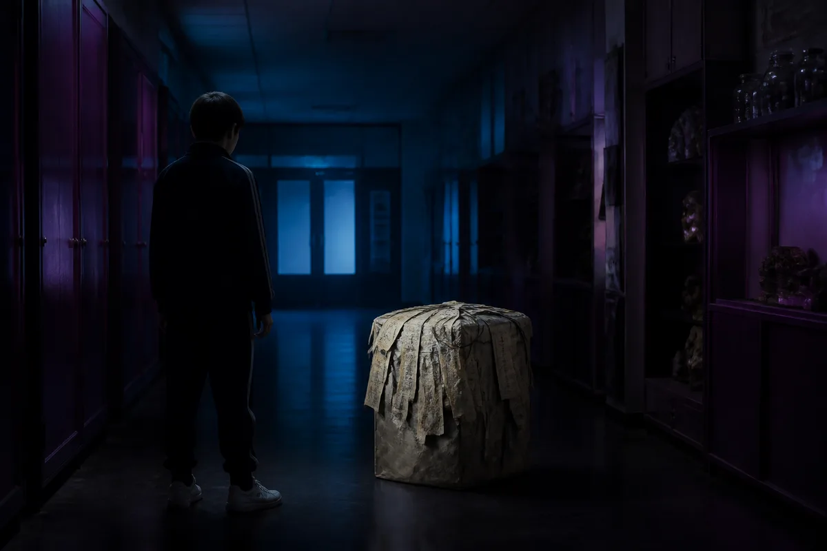 Un lycéen en survêtement sombre debout dans un couloir d&rsquo;école mal éclairé, un objet enveloppé de papier talismanique posé devant lui